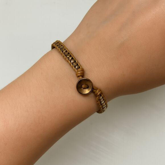 Express Gold Tone Woven Chain Bracelet with Leather Cord - Picture 1 of 5